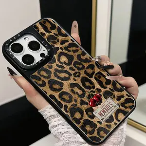 Leopard Print Fuzzy Phone Case with Red Jewel & Mirror Shockproof Cover for iPhone11-17promax IPhone11/12/13/14/15/ Promax16/16Promax/16pro/16plus
