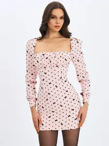 Perla Baby Pink Ruched Bust Velvet-Embossed Bow Mini Dress