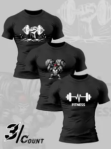 Men's 3-piece round neck short sleeved T-shirt, dumbbell fitness pattern printed clothing, loose and slightly elastic fabric, breathable sports and leisure clothing, daily commuting city street layering fashion fitness style slim fit fitness daily T-shirt