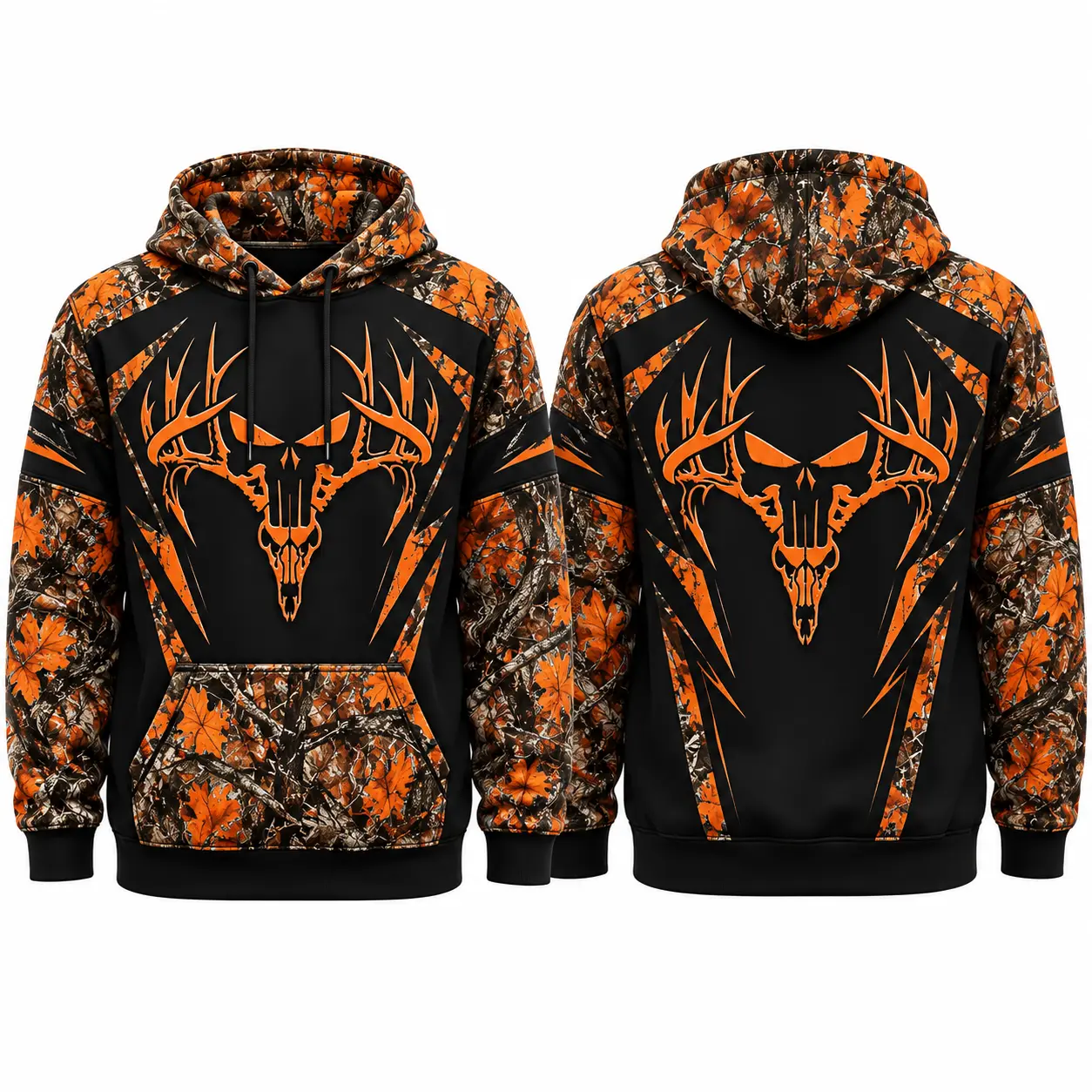 Men’s camouflage hooded sweatshirt, black-and-orange color-block design with deer antler and skull print; pullover style; loose long sleeves for autumn/winter; casual streetwear; outdoor hunting style; leaf camouflage panel design; drawstring hood and kan