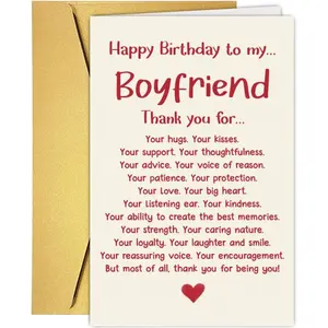 Romantic Happy Boyfriend Birthday Card Gift from Girlfriend Cute Thank You BF Bday Gift with Heartfelt Message & Gold Envelope A5 Size