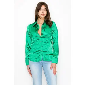 NE PEOPLE Womens Light Weight Long Cuff Sleeve Button Down Satin Shirt (S-3XL)