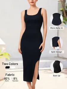 Seamless High-Waisted Smooth Shapewear Dress, Square Neck Split Design, Outerwear & Inner Layer, Two-In-One Skirt, Anti-Curling, Bodycon Fit, High Waist, Women