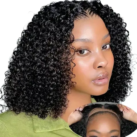 Beginner Friendly Curly Human Hair Bob Wig - 5x5 HD Lace Frontal, Glueless, Pre-Plucked, Pre-Styled Natural Black Short Human Hair Wig for Easy Wear-and-Go Use, Beginner Friendly Wigs, Glueless Wigs Human Hair