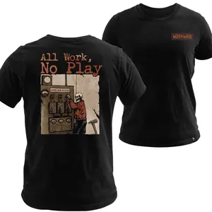 All Work No Play T-Shirt, Skeleton Electrician High Voltage Graphic, Workman Graphic Shirt for Blue Collar Workers & Tradesmen, Gift for Electricians & Hardworking Men