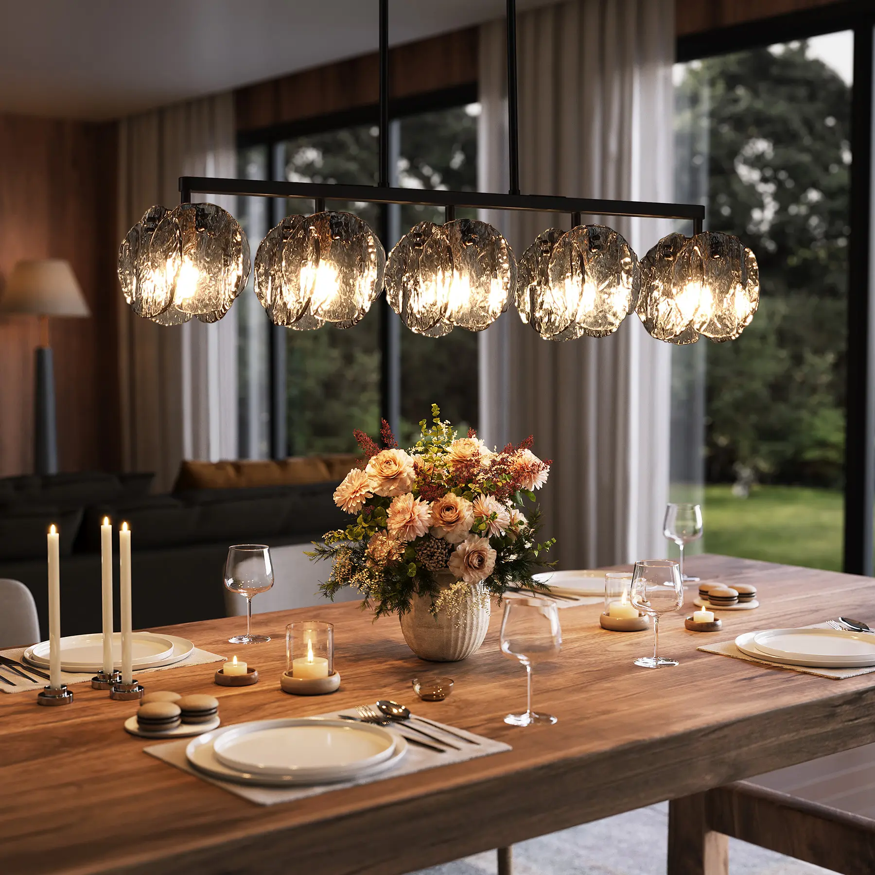 Tribesigns 5-Light Dining Room Light Fixture, Luxury Linear Chandelier for Kitchen Island Lighting with Adjustable Height, Matte Black Chandeliers Pendant Ceiling Light with Smokey Gray Glass Shade