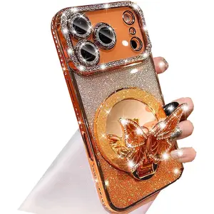 Magnetic Glitter Case for iPhone 17 Pro Max,[Compatible with MagSafe] Bling Sparkly Diamond with Camera Protector &Butterfly Stand &Makeup Mirror Women Girls Case for iPhone 17 Pro Max,Orange