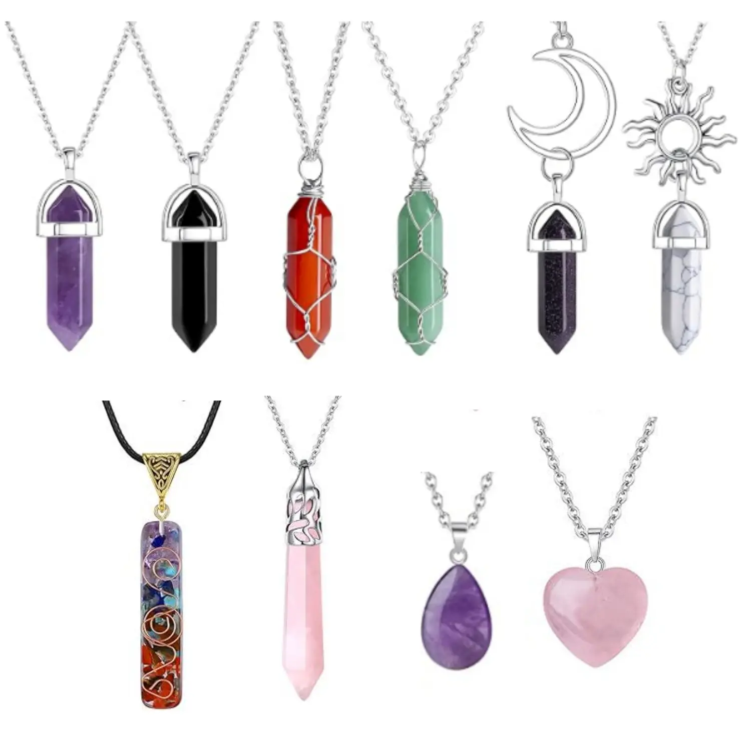 Women's 10Pcs Stainless Steel Jewelry - Hexagonal Natural Quartz Crystal Pendant Necklaces, Full Wire Wrap, Energy Healing Vintage Hippie Pieces for Home Improvement Decor