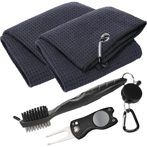 4Pcs Golf Towel and Brush Set,Golf Towels for Golf Bags,Golf Club Cleaning Set with Ball Marker Black Microfiber Towels Golf Divot Tool Brush for Men,Golf Bag Accessories Kit,Hand Tools Kits,Summervibes