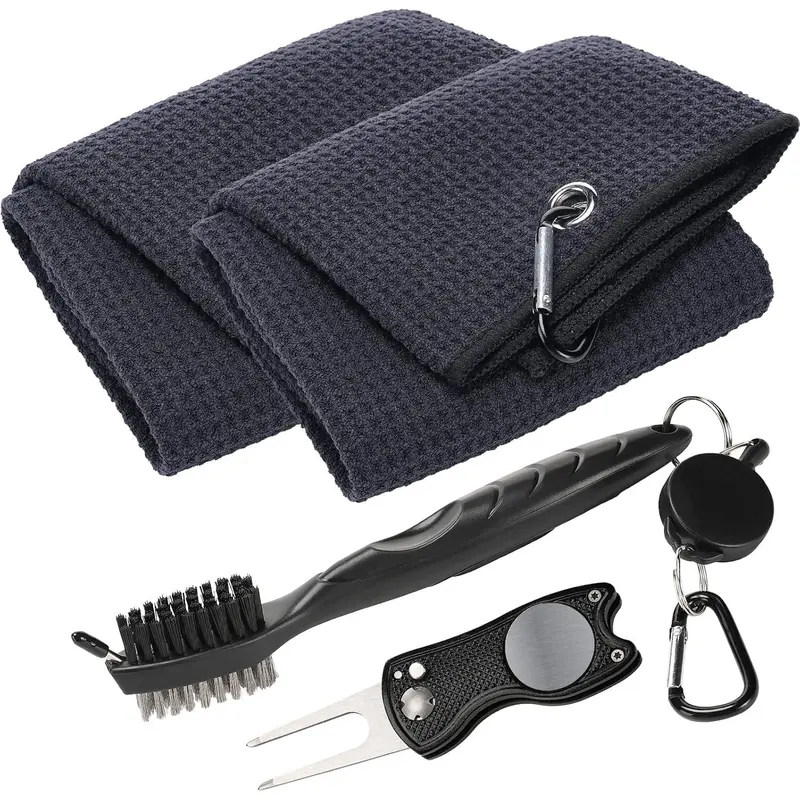 4Pcs Golf Towel and Brush Set,Golf Towels for Golf Bags,Golf Club Cleaning Set with Ball Marker Black Microfiber Towels Golf Divot Tool Brush for Men,Golf Bag Accessories Kit,Hand Tools Kits,Summervibes