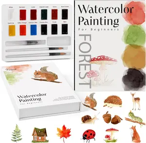 Watercolor Forest Workbook, Beginner Watercolor Paint Set, Arts & Crafts Coloring Book for Adults and Teens with 12-Color Paint Set & Brush