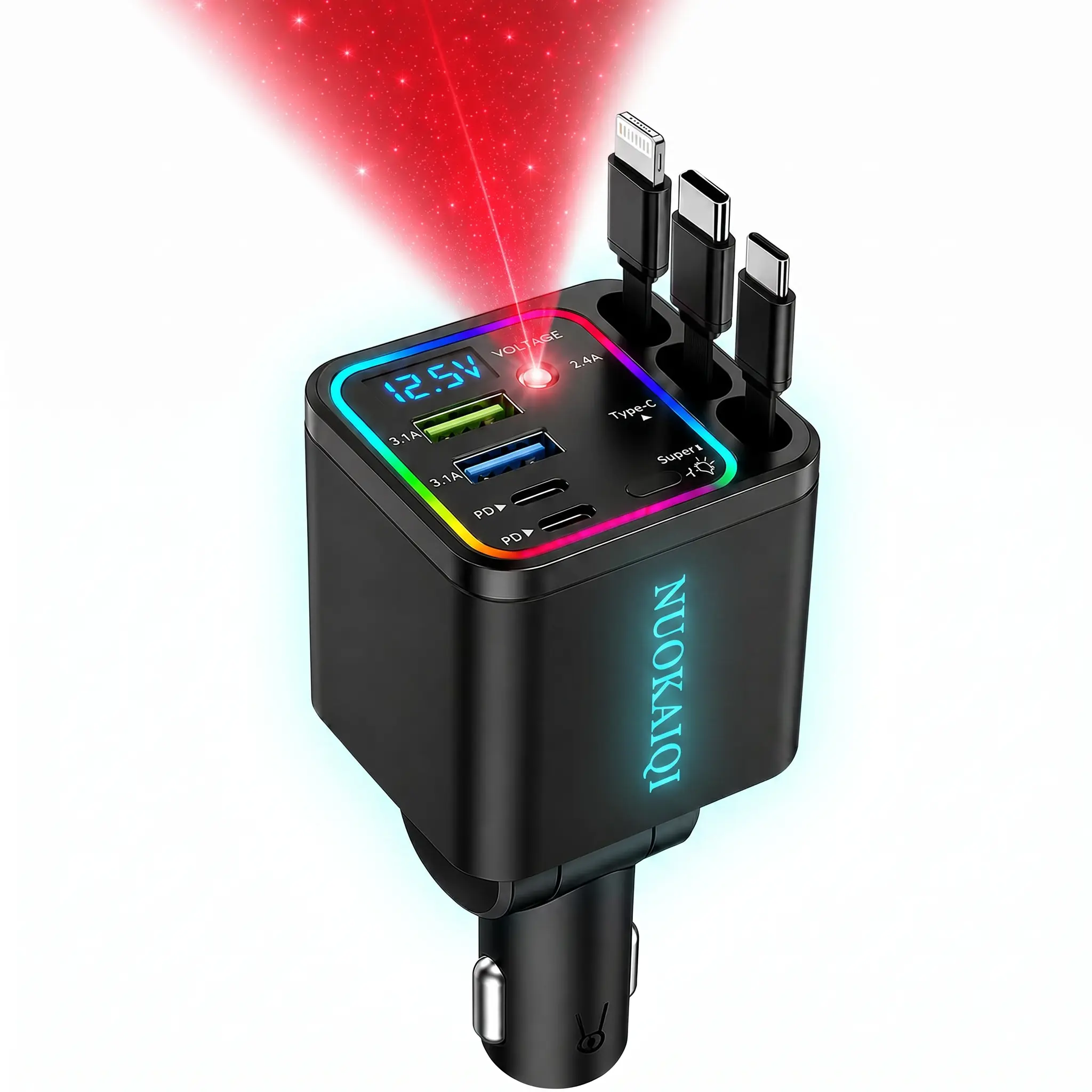 120W Max Fast Charging Car Charger Station - 4 Ports, 3 USB Cables (USB-A Included), RGB Lights, Real-Time Voltage Monitor, Star Projector, Cars Accessories, Device-Compatible Road Trip Console Declutter Essential