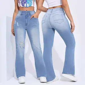 Women's High Elastic Distressed Slim Fit Denim Pants for All Seasons Comfortable Stylish Everyday Style Streetwear Jean Bottom Womenswear