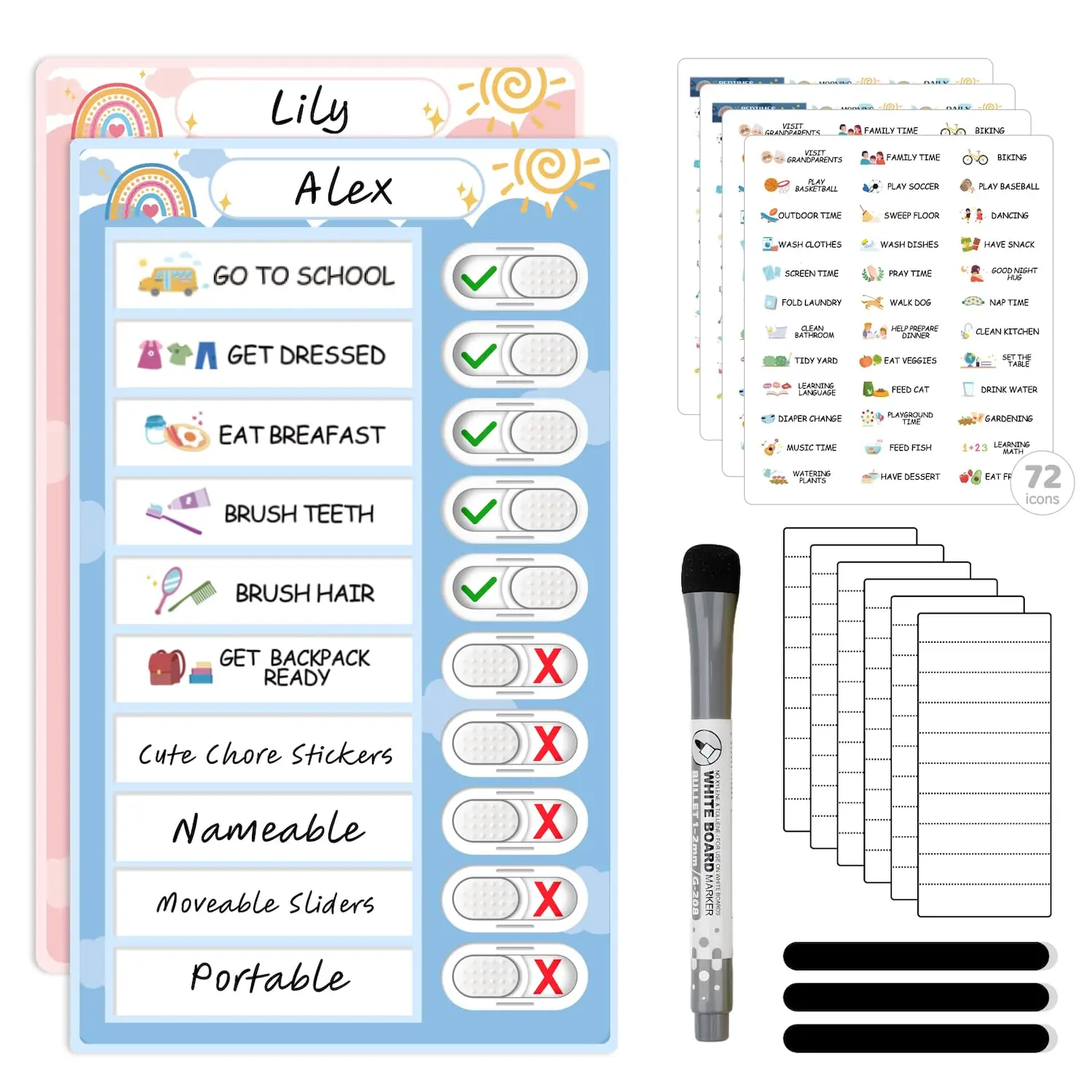 Dry Erase Kids Chore Chart for 2 Kids Pink and Blue - Magnetic Routine Chart with Slider Cute Design Stickers, Morning Bedtime Routine for Toddlers to Do List Checklist