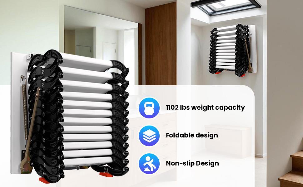 Wall-Mounted Attic Ladder, Robust 12-Step Retractable Stairs with Handrails, 118 in Height, 1102 lbs Capacity, Sturdy Wide Pedals, Black Electrostatic Spraying, Comfortable Use Experience for Various Floors, Contact Through Amazon Wall-Mounted Attic Ladder, Robust 12-Step Retractable Stairs with Handrails, 118 in Height, 1102 lbs Capacity, Sturdy Wide Pedals, Black Electrostatic Spraying, Comfortable Use Experience for Various Floors, Contact Through Amazon