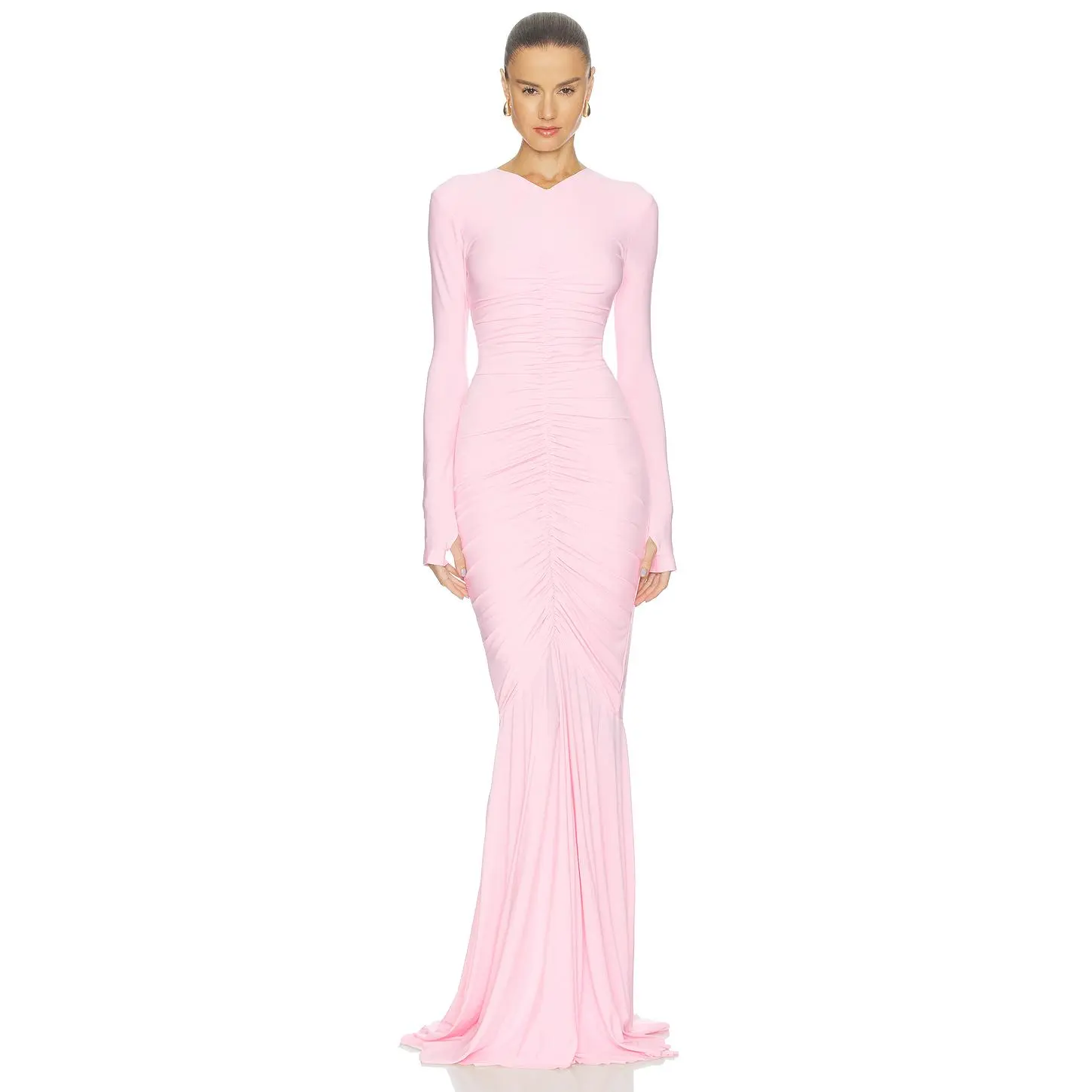 Norma Kamali Long Sleeve V Neck Shirred Front Fishtail Gown in Ballet Pink