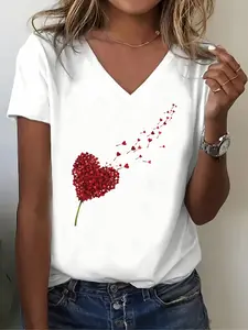 Heart Pattern Print V Neck T Shirt, Women's Casual Short Sleeve Top, 100% Polyester for All Seasons, Ideal for Daily and Outdoor Activities, Casual Comfy Tee