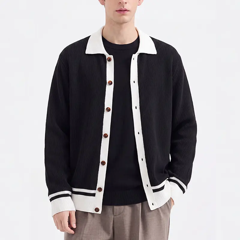 Men’s Black-and-White Contrast Knit Baseball Jacket/Cardigan, Turn-Down Collar, Vertical Ribbed Texture, Slim Fit, Long Sleeves, Wooden Buttons, Collegiate Casual Knitwear, Versatile Layering Commuter Top