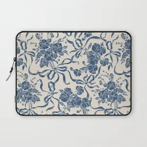 Society6 Chic Modern Vintage Ivory Navy Blue Floral Pattern Laptop Sleeve by Pink Water with Elegant Floral Design