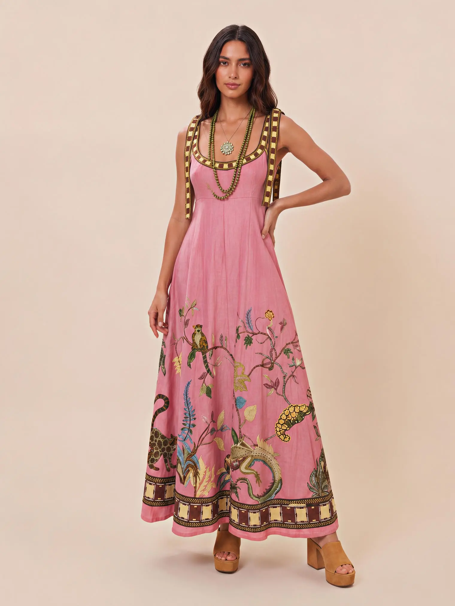 LikeMyChoice 2026 Boho Jungle Animal Print Maxi Dress Pink Sleeveless Square Neck Vacation Flowy Long Dress Beach Resort Outfit
