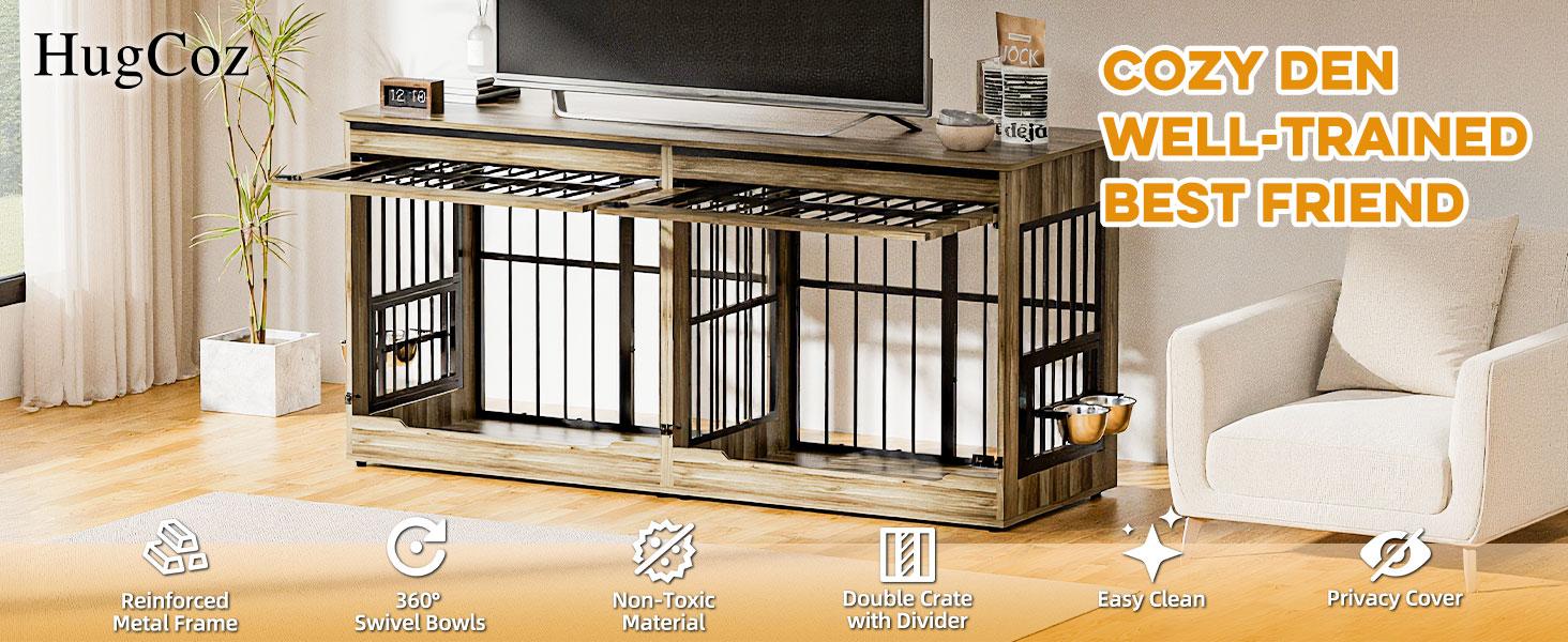 [2 Carton]78" Heavy Duty Indestructible Extra Large Dog Crate with Divider – Double Door Indoor Wooden Kennel, Removable Divider & 360° Swivel Bowls, Reinforced Steel Bars for Extra Large Dogs or Two Medium-Large Dogs