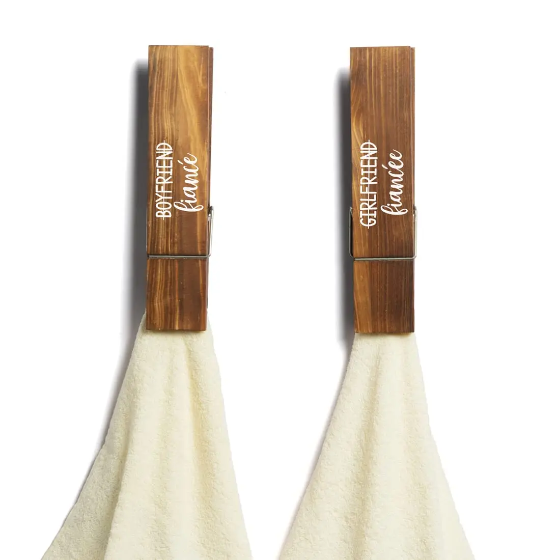 12-in Modern Wooden Giant Clothespin Towel Holders - Set of 2 Self-Adhesive Wall-Mount Sticky Hooks for Husband, Wife, Firm Grip, Quick Drying, Ample Storage, Bathroom, Kitchen Home Decor