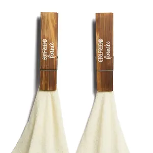 Vintage 12-in Wood Giant Clothespin Towel Holders - Set of 2 Self-Adhesive Wall-Mount Wooden Hooks, Firm Grip, Quick Drying for Bathroom, Kitchen Home Decor