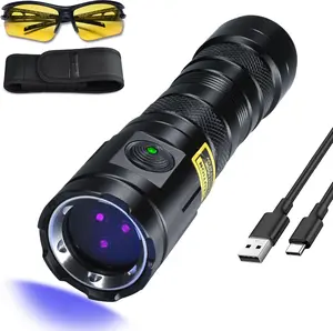 UV Flashlight 365nm Black Light, 3 LED Ultraviolet Flashlights 20W Powerful Woods Lamps, USB-C Rechargeable UV Light - for Pet Urine Detection, Money, AC Sistem, Blood Tracking, Resin Curing