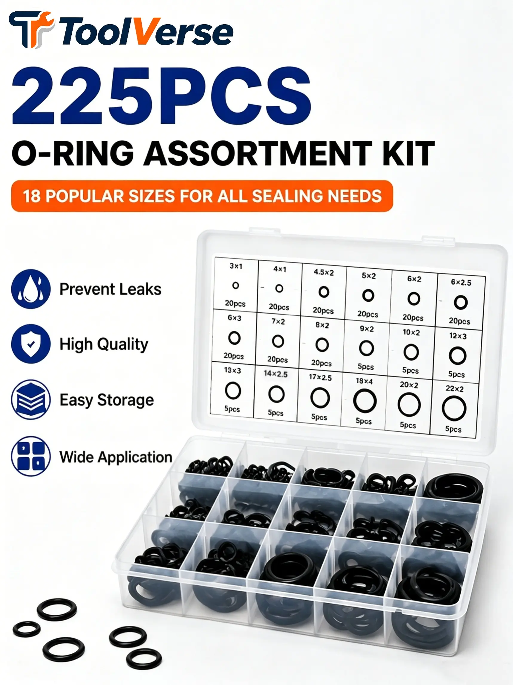 Tool Verse| 225PCS Nitrile Rubber O-Ring Assortment Kit, 18 Sizes Universal Rubber Seal Gasket Washers, Oil Resistant O Rings for Plumbing, Automotive AC, Faucet, Water Pipe & Machinery Repair#ORingKit#PlumbingRepair#AutoACRepair#HomeDIYTools