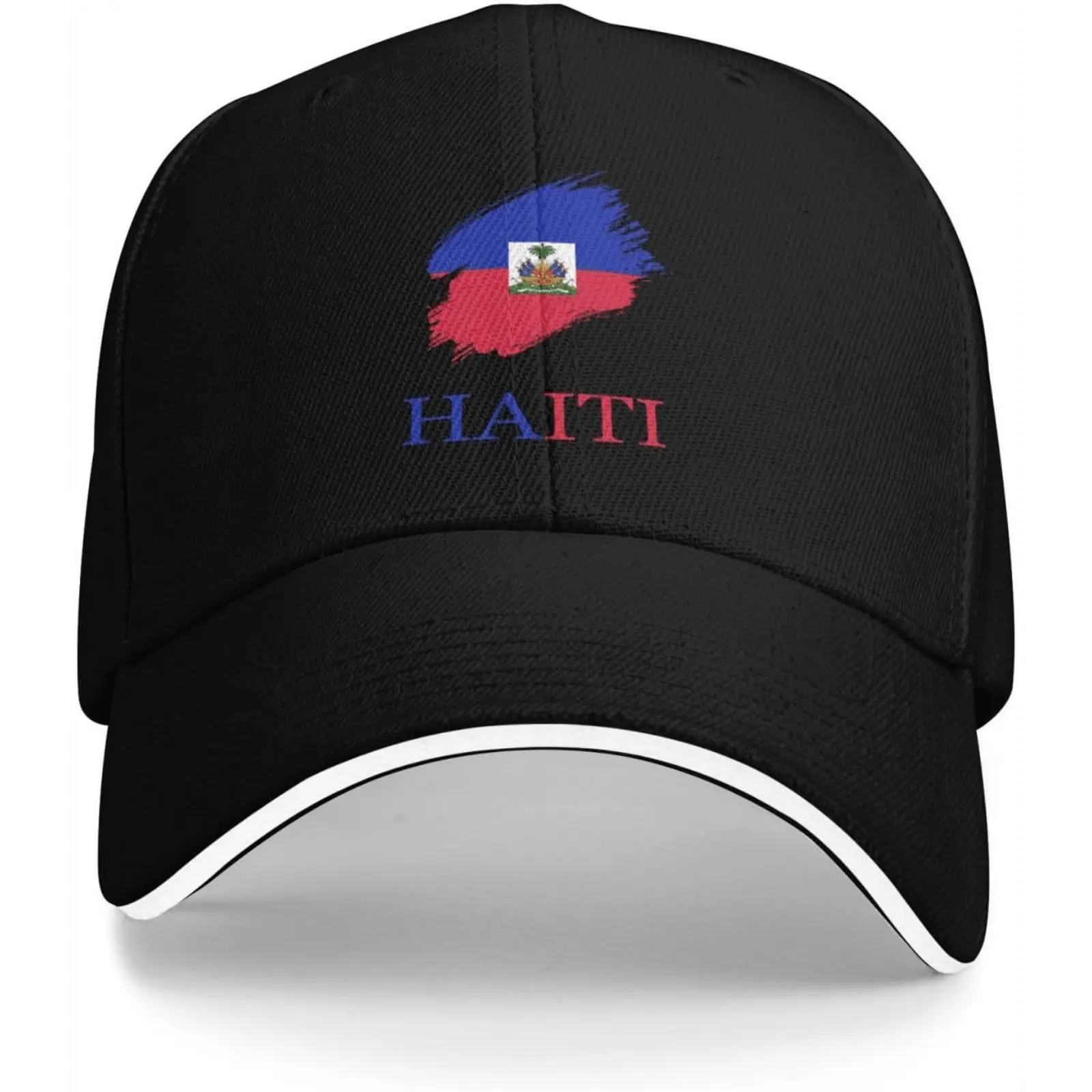 Unisex Haitian Flag Print Brush Fabric Baseball Cap - Black, Adjustable Stylish Snapback Trucker Dad Hat, Sun Protection Peaked Brim for Outdoor Golf, Sporty Chic Casual Everyday Wear