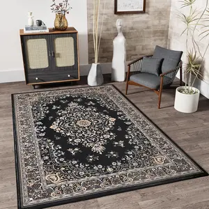 Washable Non-Slip Vintage Rug, Low-Pile Large Carpet | Black 5x8/9x11 ft for Living Room Bedroom Dining Room Farmhouse