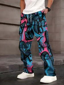 One-piece pink and blue color-block graffiti patchwork men's cargo pants with American retro style and multi-pocket design