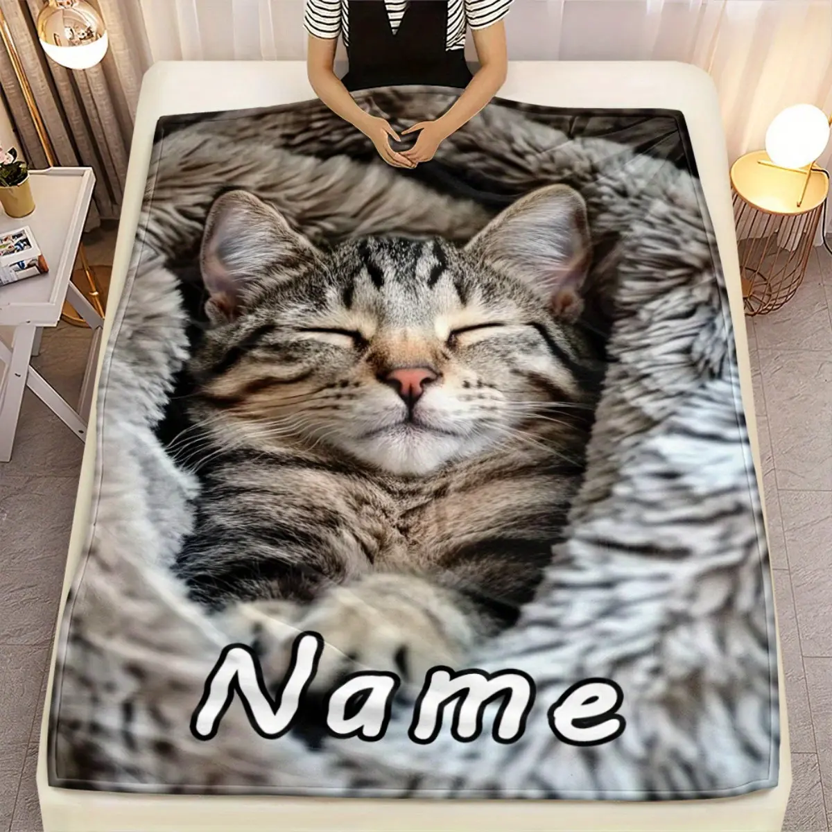 One Piece of a Cat Resting in a Blanket, Personalized Name Blanket - Lightweight Home Decor Bedding, 280Gsm, Ideal for Sofas, Beds, Travel, Camping, Living Rooms, Offices, Chairs, And Beds - Made from Soft And Warm Fabric with Digital Printing