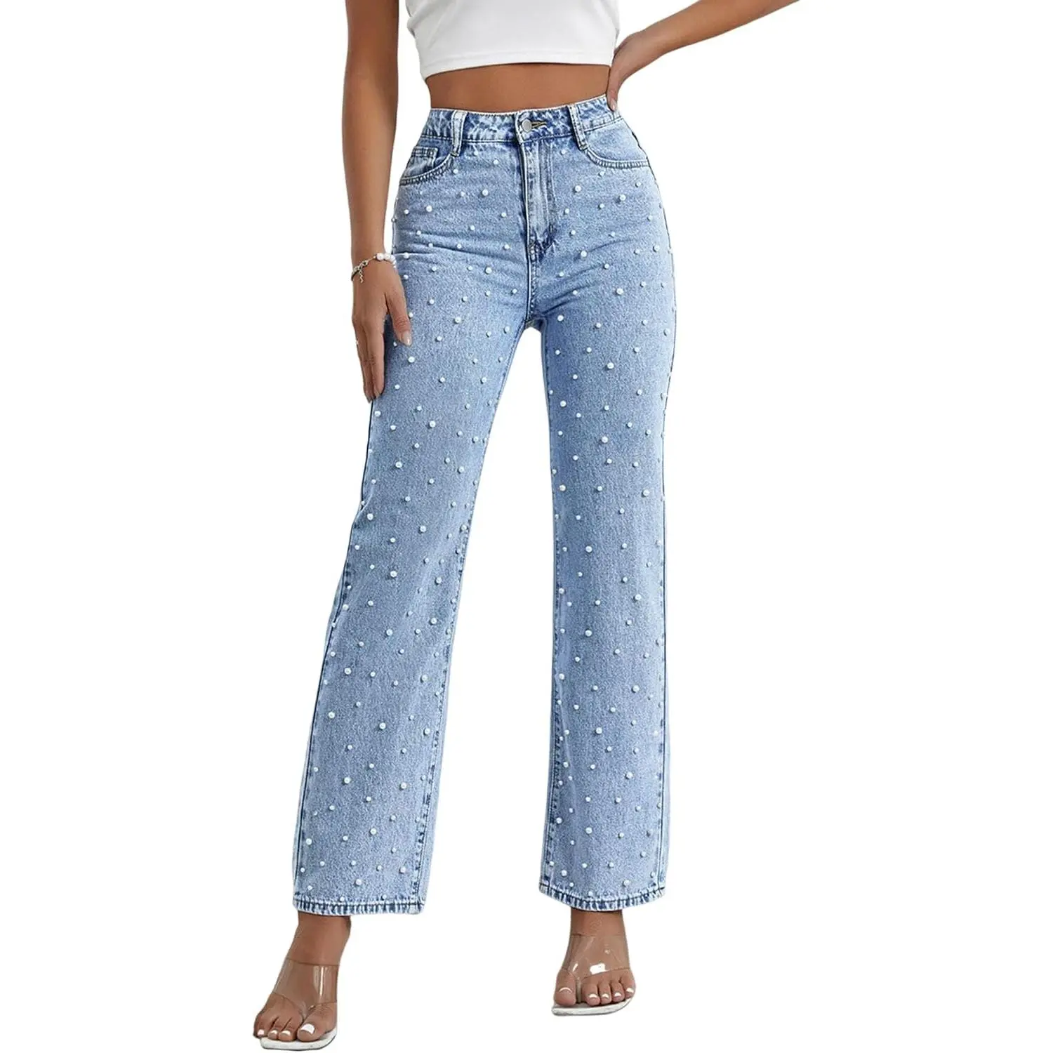 Women's Short Pearl Wide Leg Jeans, Allover Beading, High Rise, Holiday Chic. jean