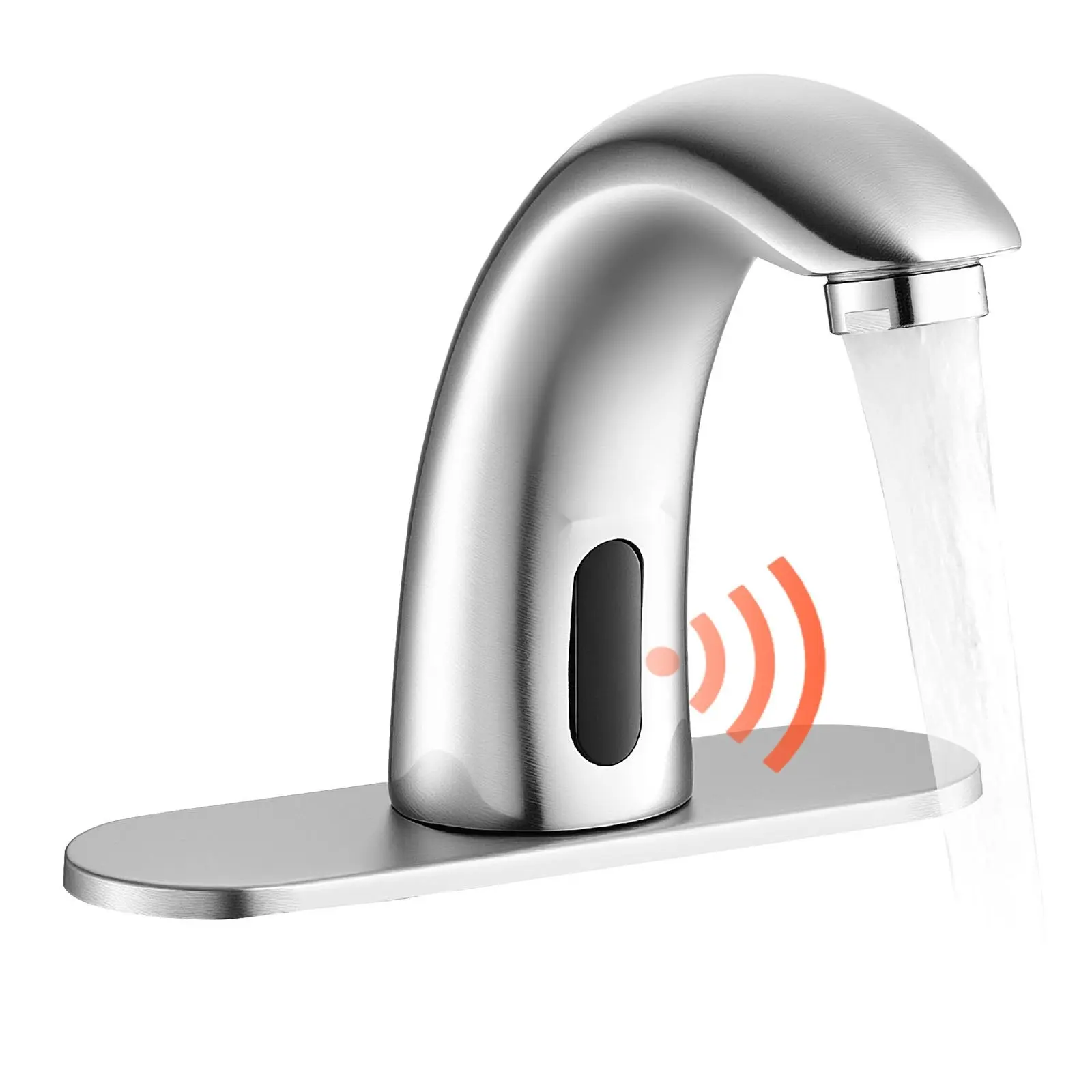 Touchless Bathroom Sink Faucet with Automatic Motion Sensor, Hands-Free Restroom Wash Basin Tap, Includes Hole Cover Plate, Battery Powered, Adjustable Temperature for 9/16-Inch Pipe, Commercial Lavatory, Brushed Nickel Finish