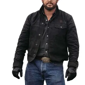 Rip Wheeler Inspired Black Denim Western Jacket for Men Rugged Cowboy Style with Suede Leather Finish S-3XL Menswear Coats Long Sleeve