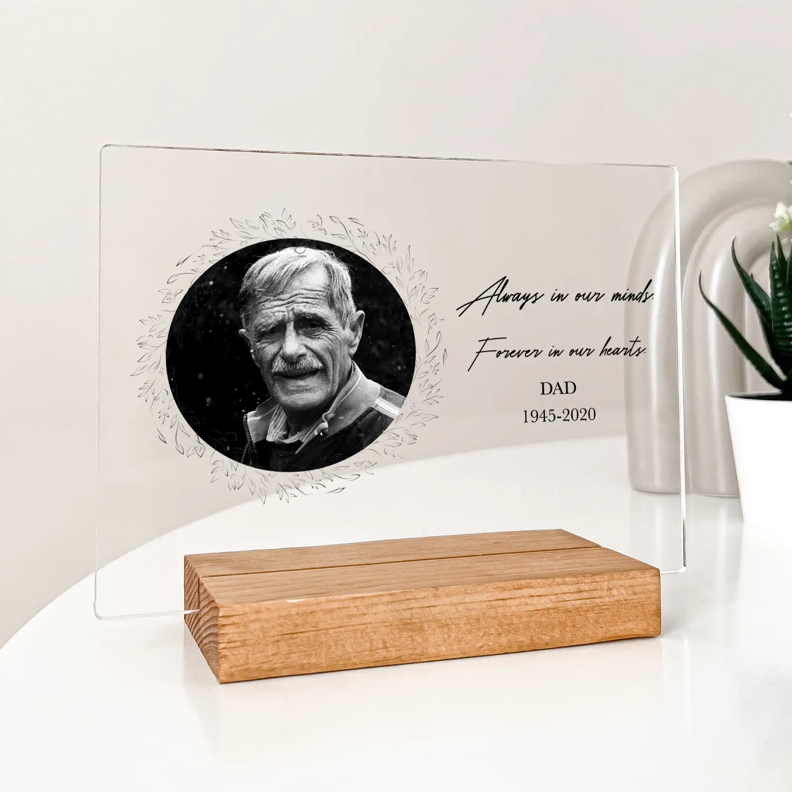 Personalized Memorial Photo Display – Forever In Our Hearts Custom Engraved Wood Base Stand | Remembrance Gift | Sympathy Bereavement Home Décor | In Loving Memory Sign