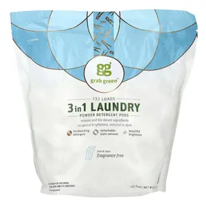Grab Green 3-in-1 Laundry Powder Detergent Pods, Fragrance Free, 132 Pods, 69 oz (4.36 lb)