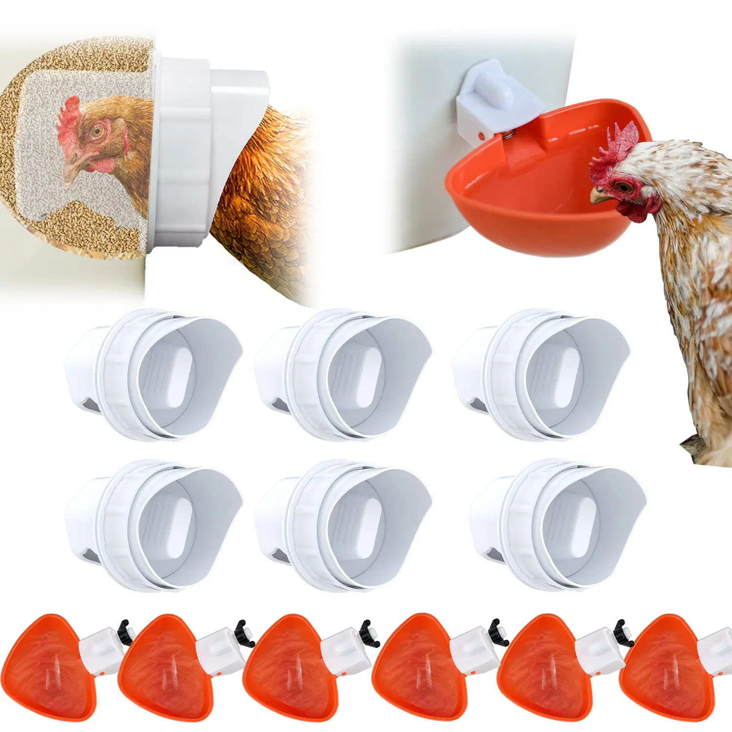 12 PCS DIY Chicken Feeder and Waterer Set (6 Ports + 6 Cups) | Weatherproof Automatic Poultry Feeding System, Complete Backyard Chicken Supplies Kit