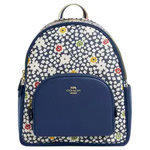 COACH Court 27 Floral Print 10L Coated Canvas and Pebbled Leather Backpack for Women, Large, Blue