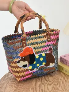 Cartoon Patchwork Bamboo Handbag, 3D Weave Shopping Basket Bag, Stylish and Durable Design for Everyday Use