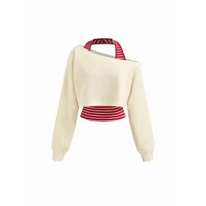Cider Two Piece Terry Asymmetrical Neck Crop Sweatshirt With Striped Tank Top