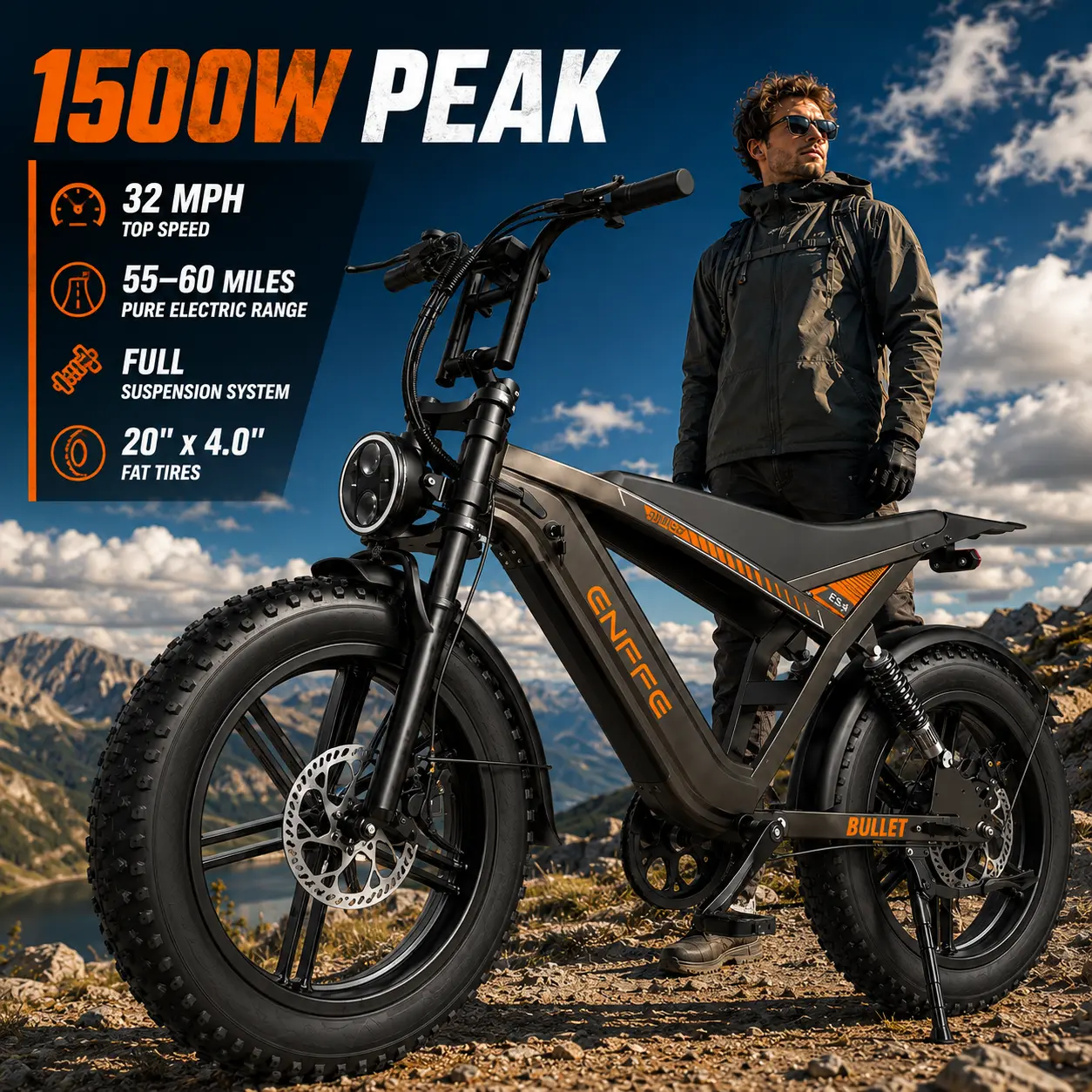 1500W Peak Fat Tire Electric Bike for Adults, All-Terrain Commuter & Adventure E-Bike, 32MPH, 55–60 Mi Pure Electric Range, 48V 20Ah Removable Battery, Full Suspension, Hydraulic Disc Brakes, NFC Unlock, UL 2849 Certified, Mountain Bike, Lcd Display