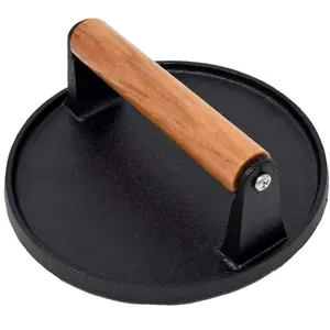 Cast Iron Burger Press with Wooden Handle, Round Burger Press, Non-stick Burger Patty Maker, Kitchen Accessories for Home Barbecue