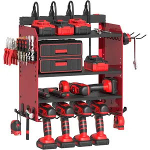 Power Tool Organizer Wall Mount with Charging Station, Garage 4 Drill Storage Shelf with Cordless Tool Holder, Heavy Duty Rack with 8 Outlet Power Strips and Hooks, Gift  Men, Husband (4 Layer)