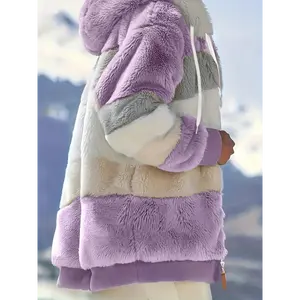 Vibrant Color Block Faux Fur Hooded Jacket - Warm, Casual, Drawstring Zipper, Long Sleeve, Fall & Winter Essential - Women's Fashionable Outwear for Chilly Days