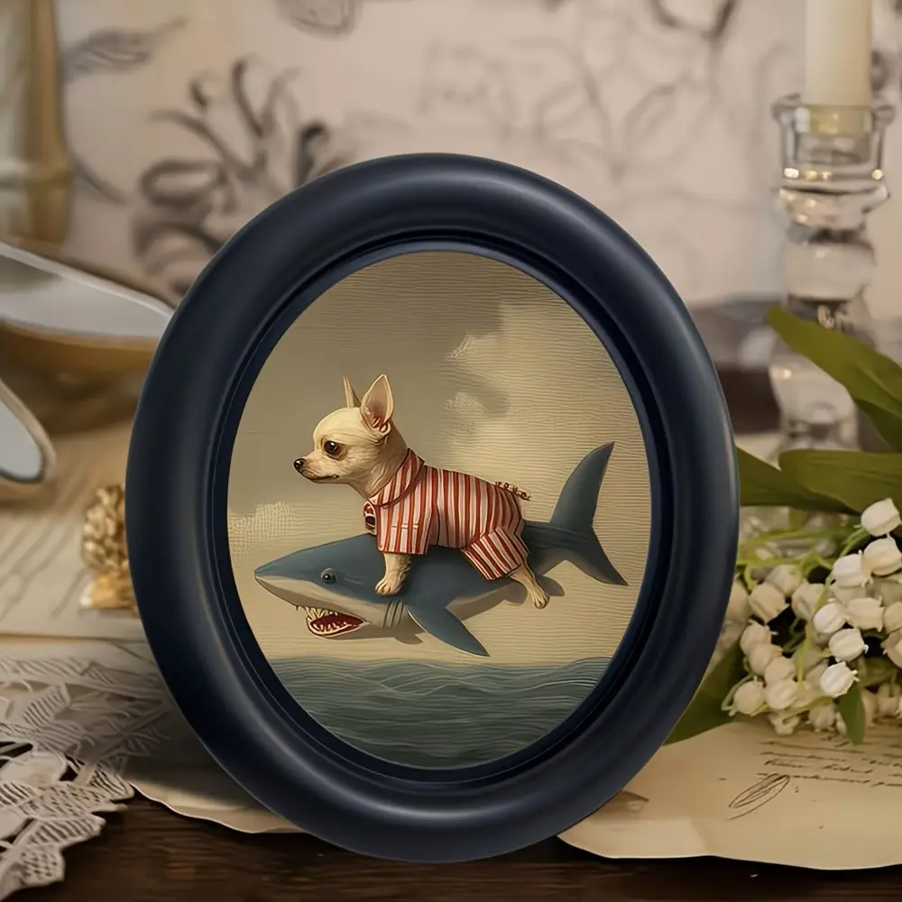 Vintage Dog Riding Shark Oval Frame Animal Design Decorative Painting, Perfect for Christmas Thanksgiving Home Office Wall Decoration, Decorative Artwork