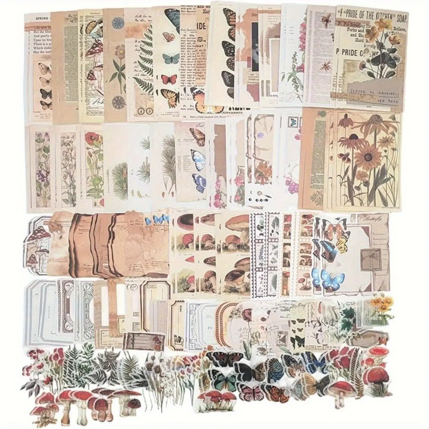 Nature-Inspired Scrapbooking Kit - 200-Piece Ephemera Set with 80 Washi Stickers, 120 Papers - Butterfly Garden, Botanical Prints, Vintage Elements, Woodland Creatures - Office Stationery for Customization, Mini Projects