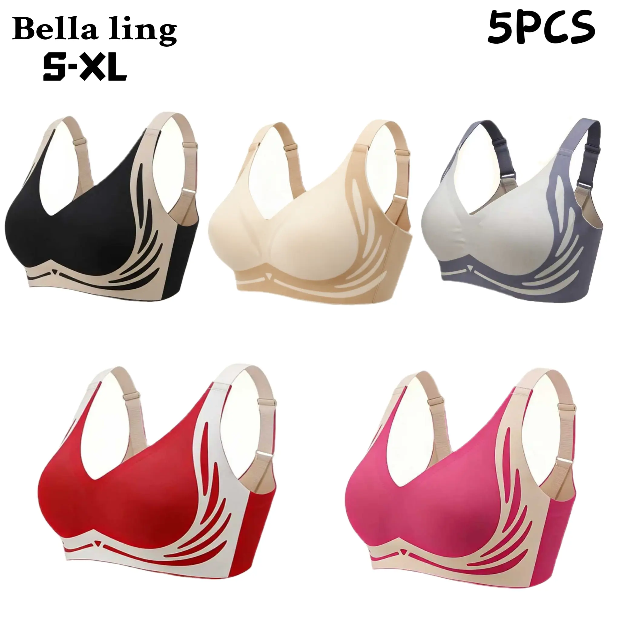 5-PCS set Women's Colorblock Adjustable Strap Wireless Bra,Soft Comfortable Breathable Bra, Women's Lingeriefor All Seasons
