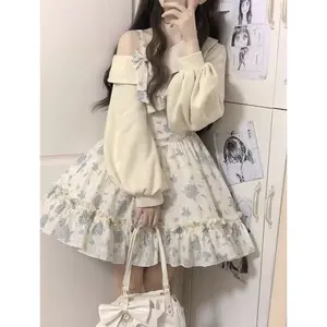 Floral Puff Tiered Cake Dress Set (Bow & Cold-Shoulder): Skip plain outfits-cute anime-core style for con meetups, brunch & friend dates # CakeSkirt. # AnimeCoreFashion # ColdShoulderDress # BrunchVibe # FeminineOOTD